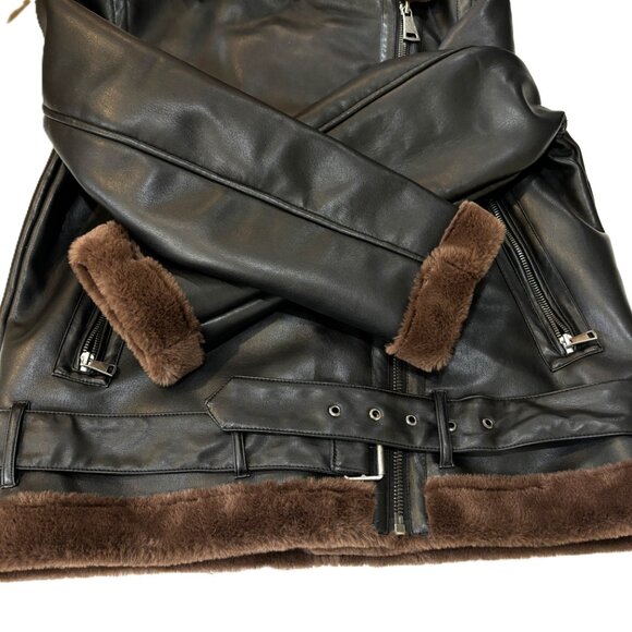 SO Faux Leather and Fur Moto Flight Aviator Bomber Jacket - Picture 8 of 14